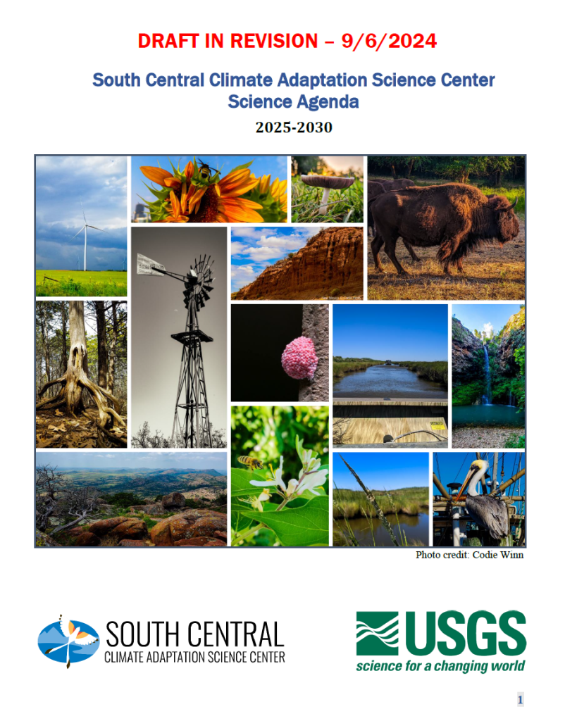 Cover page of the South Central CASC's Science Agenda with the title of the document, a collage of photos of wildlife and landscapes, followed by the SC CASC logo and the green USGS logo